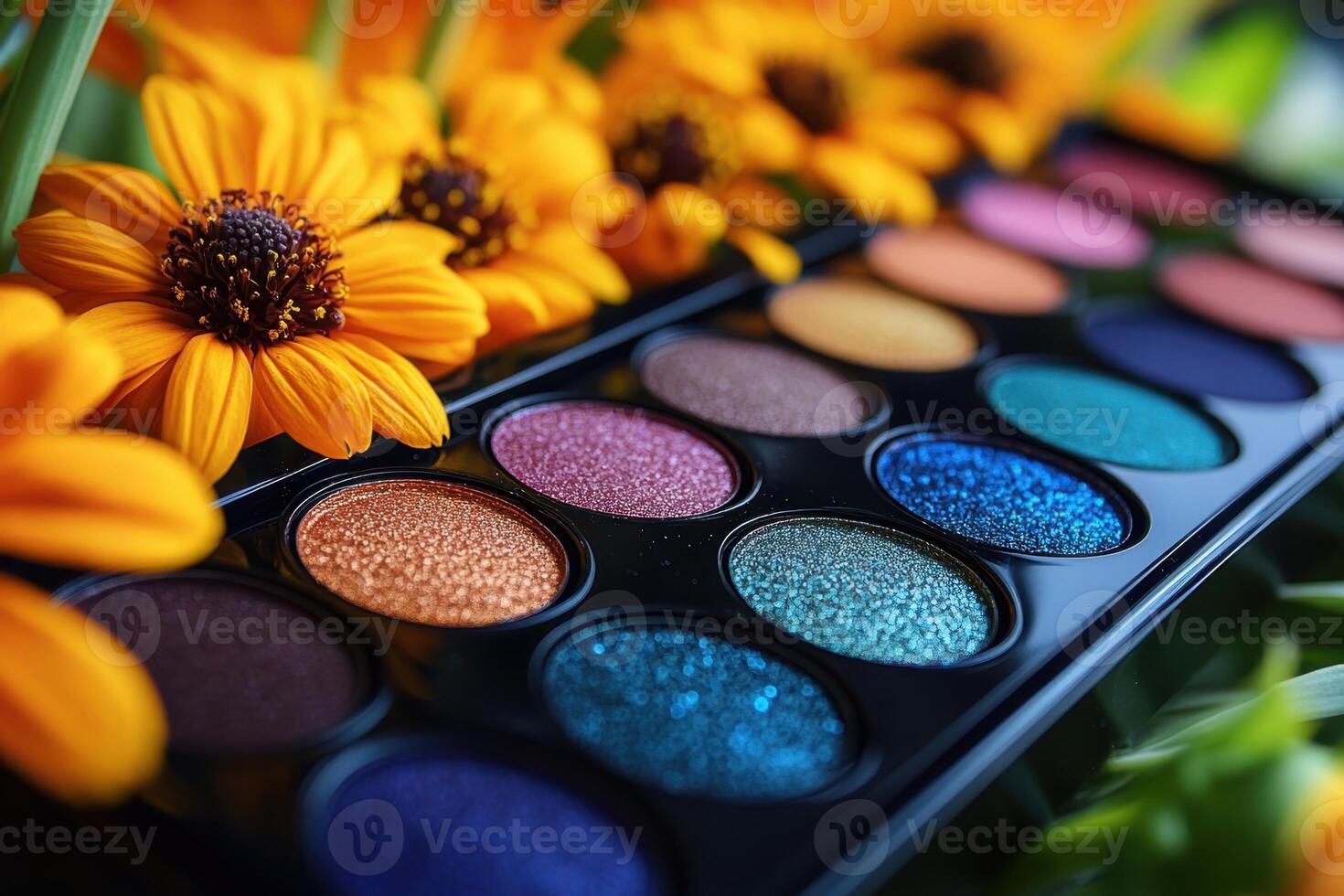 Shimmering eyeshadow palettes in jewel tones, placed in front of blurred marigolds. Professional shot capturing the rich and vibrant colors of the eyeshadow palettes. photo