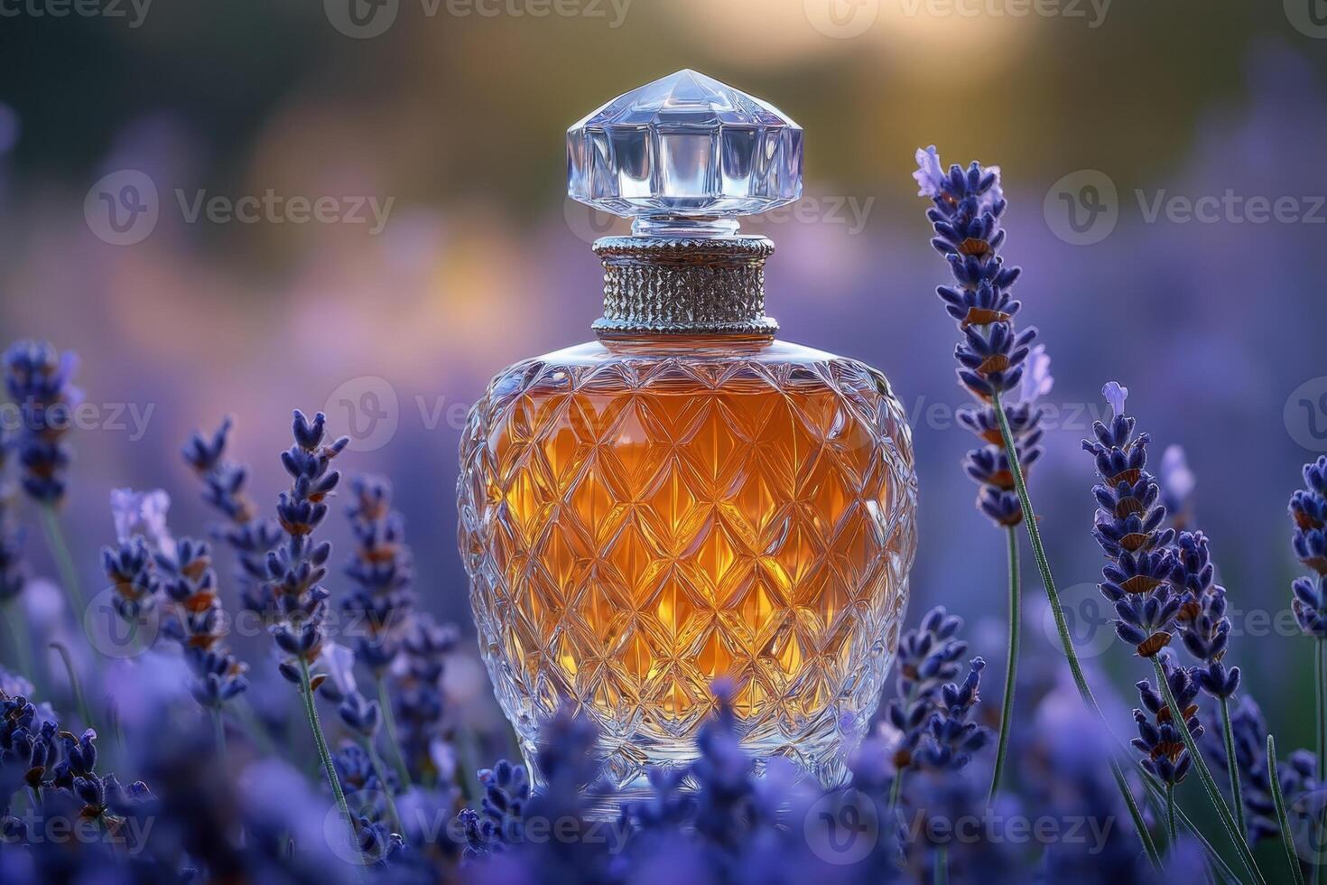 Luxurious perfume bottle with a crystal cap, placed in front of a backdrop of softly blurred lavender flowers. Professional shot showcasing the elegance and sophistication of the perfume. photo