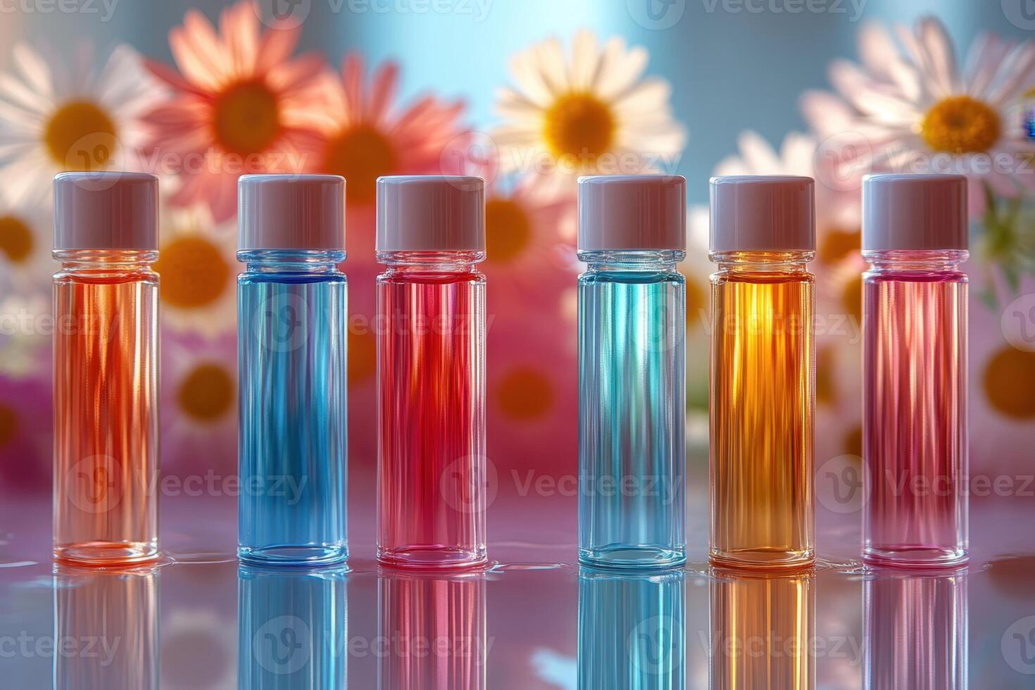 Glossy lip balm tubes in pastel colors, with blurred daisies behind. Professional shot capturing the soft and moisturizing appeal of the lip balms. photo