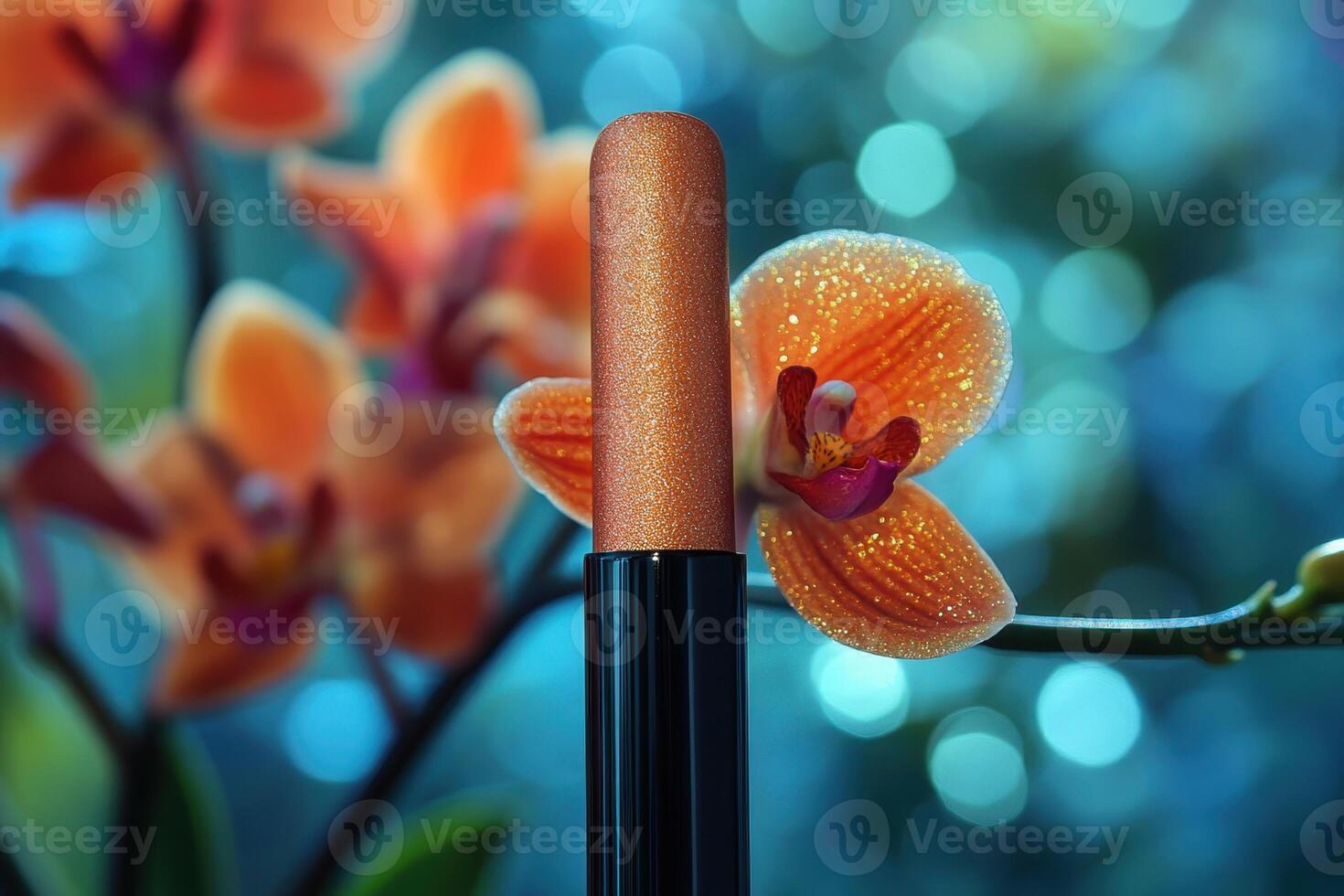 Radiant bronzer sticks with a golden sheen, with a blurred background of orchids. Professional shot emphasizing the warm tones and luxurious finish of the bronzer sticks. photo