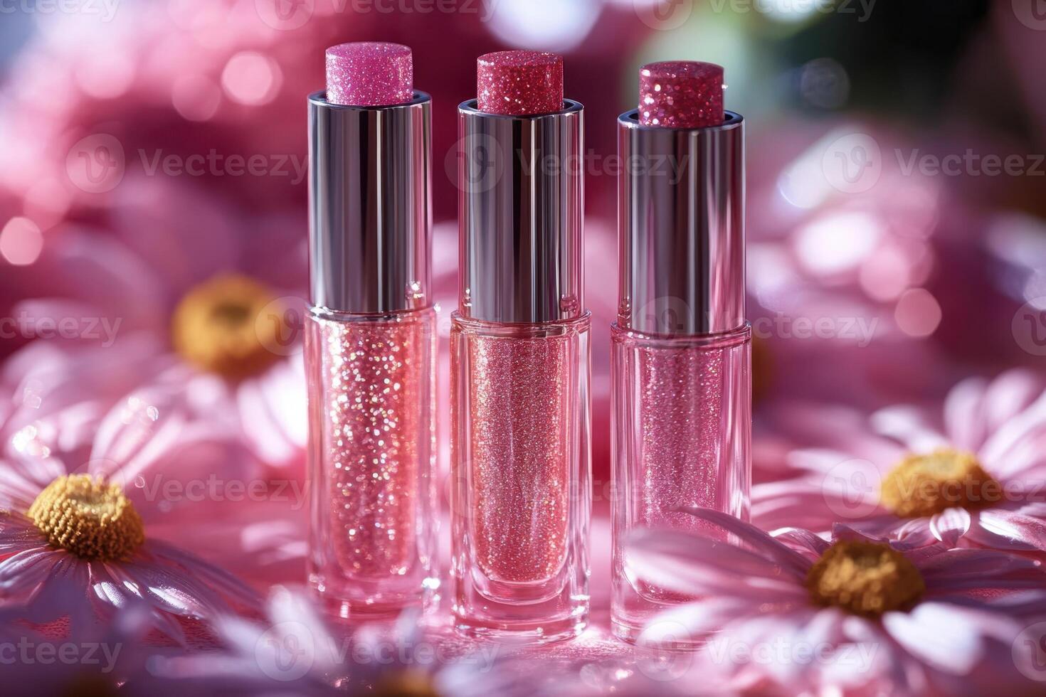 Sparkling lip gloss tubes in pink shades, with a backdrop of soft-focus daisies. Professional shot showcasing the vibrant colors and shimmering quality of the gloss. photo