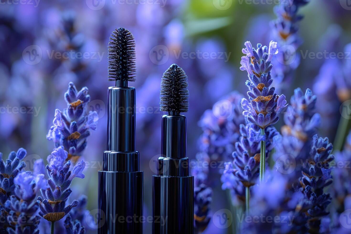 Sleek mascara tubes in glossy black, with blurred lavender flowers in the background. Professional shot emphasizing the sleek design and intense color of the mascara tubes. photo