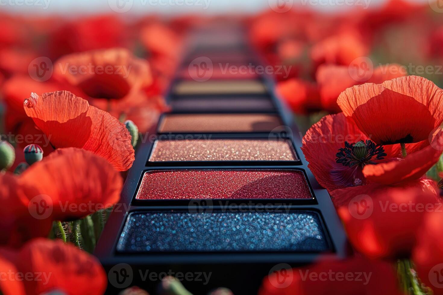 Rich eyeshadow palettes with warm colors, set against a blurred background of poppies. Professional shot highlighting the deep tones and luxurious appeal of the palettes. photo