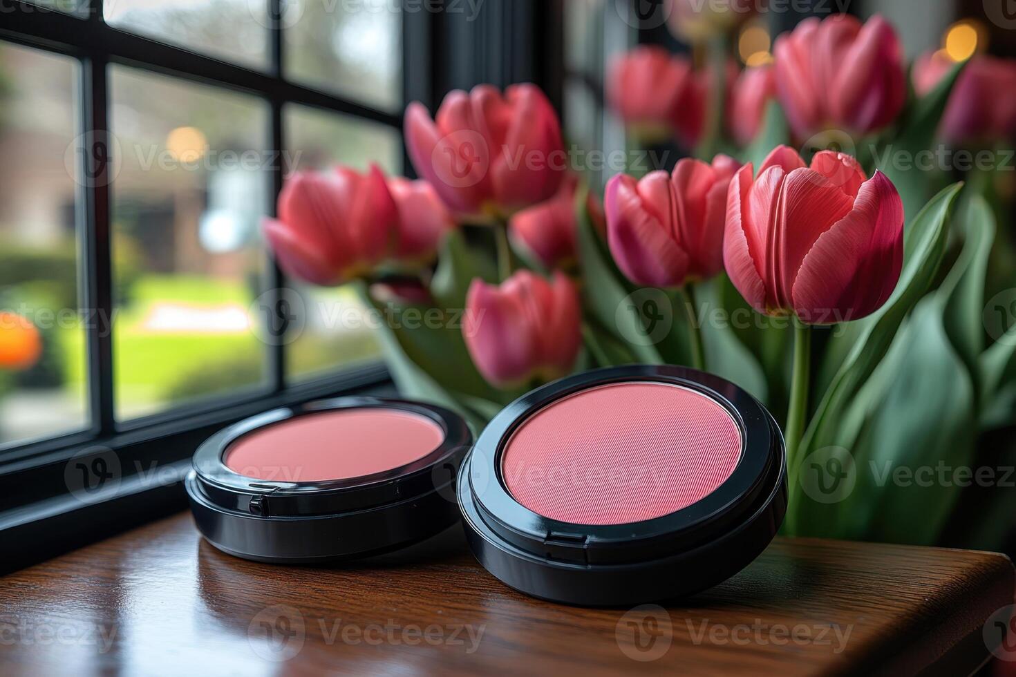 Soft blush compacts in peach tones, with a blurred field of tulips behind. Professional shot showcasing the delicate color and smooth texture of the blush. photo