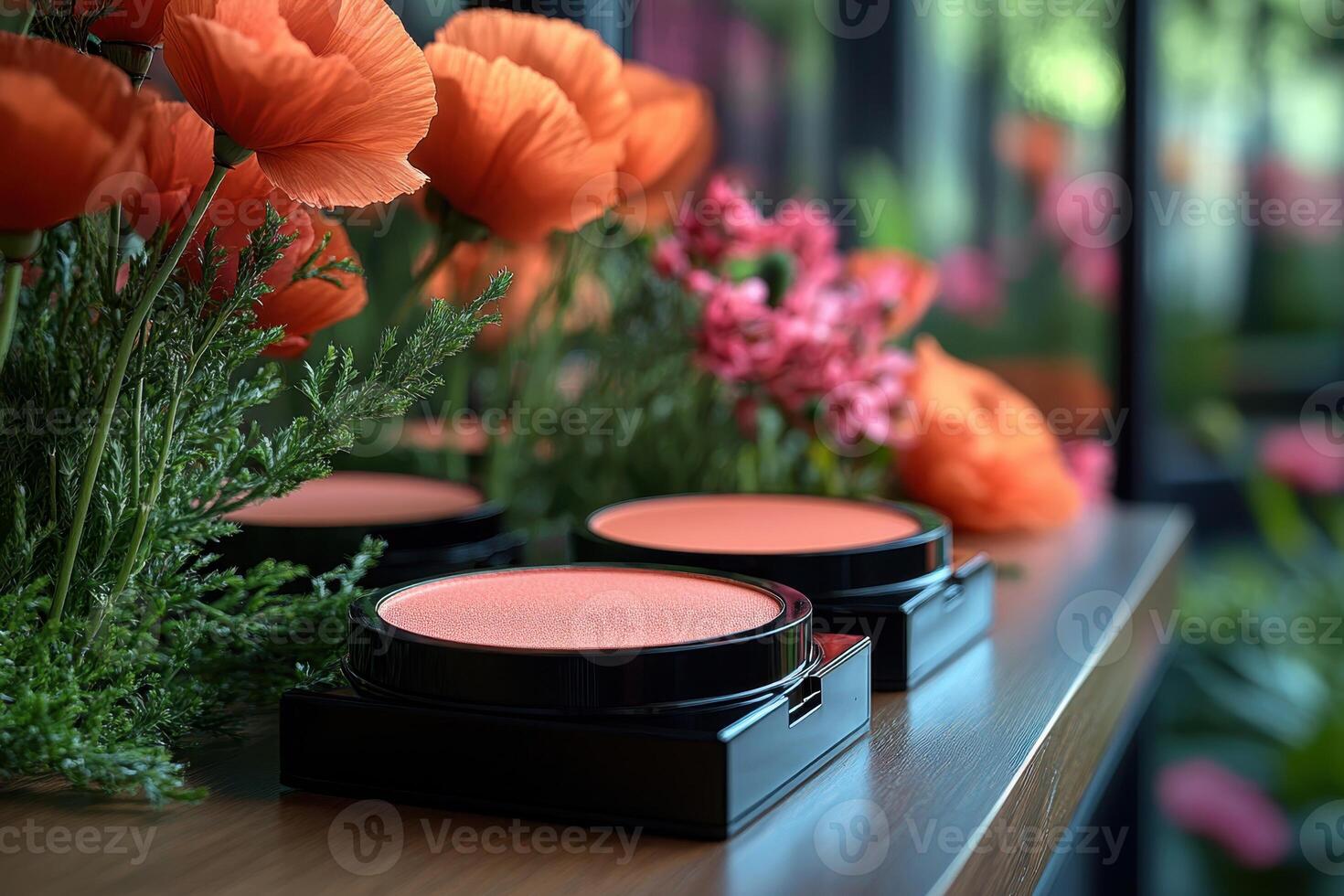 Radiant blush compacts in coral shades, with a blurred backdrop of poppies. Professional shot showcasing the vibrant color and smooth texture of the blush compacts. photo