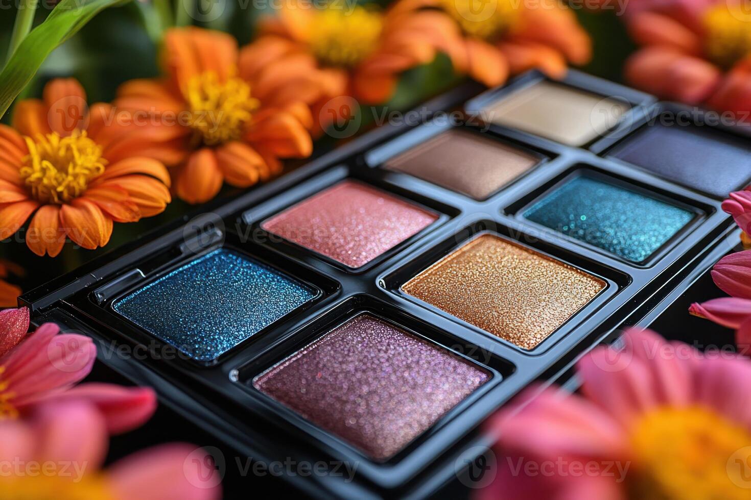Shimmering eyeshadow palettes in jewel tones, placed in front of blurred marigolds. Professional shot capturing the rich and vibrant colors of the eyeshadow palettes. photo