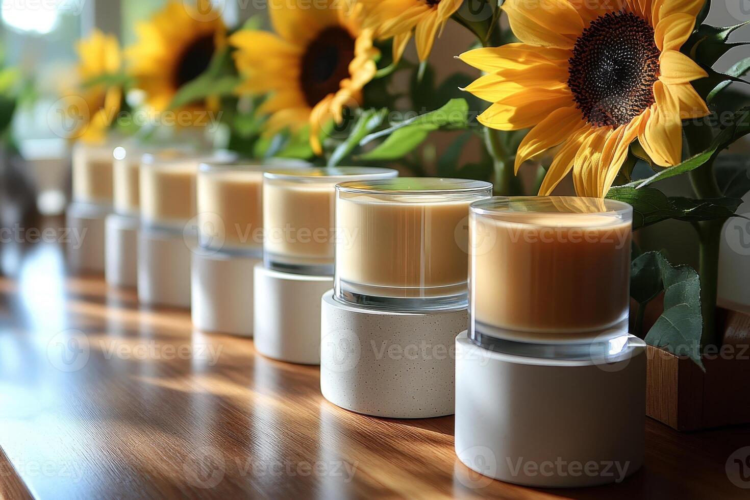 Compact powder cases in sleek designs, placed in front of blurred sunflowers. Professional shot highlighting the minimalist design and smooth finish of the compacts. photo
