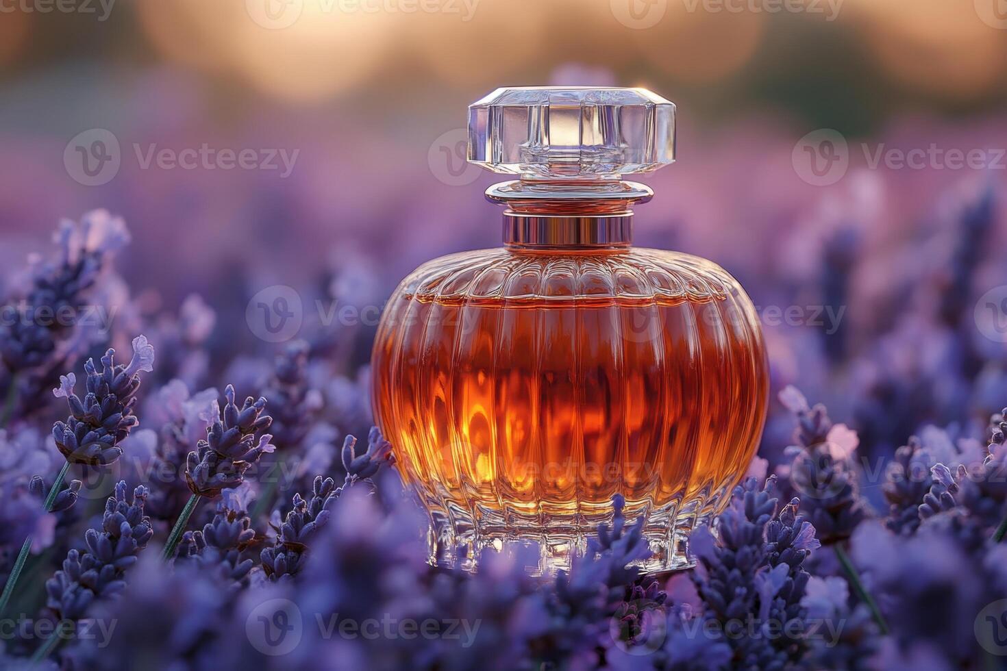 Luxurious perfume bottle with a crystal cap, placed in front of a backdrop of softly blurred lavender flowers. Professional shot showcasing the elegance and sophistication of the perfume. photo