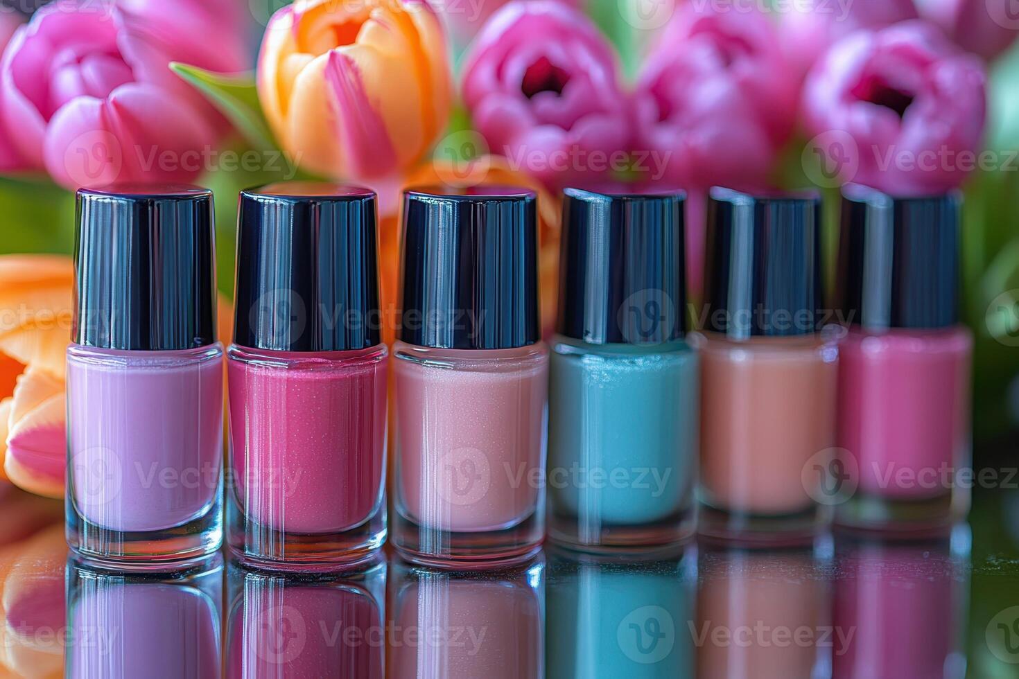 Glossy nail polish bottles in pastel colors, set against a backdrop of softly blurred tulips. Professional shot highlighting the chic appeal and variety of the nail polish shades. photo