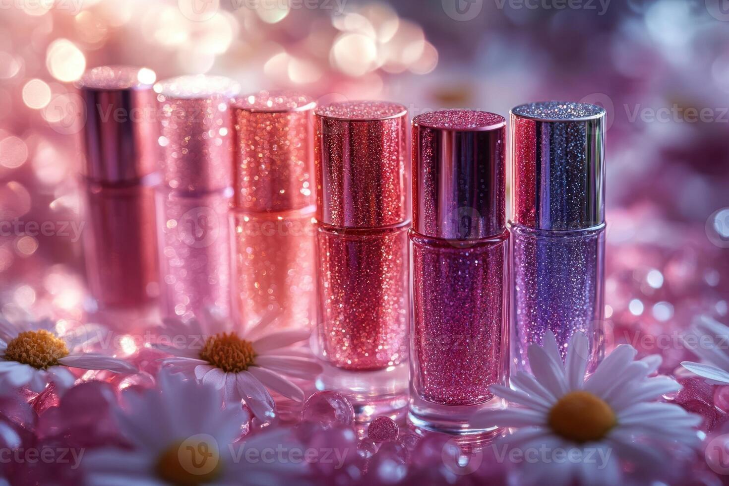 Sparkling lip gloss tubes in pink shades, with a backdrop of soft-focus daisies. Professional shot showcasing the vibrant colors and shimmering quality of the gloss. photo