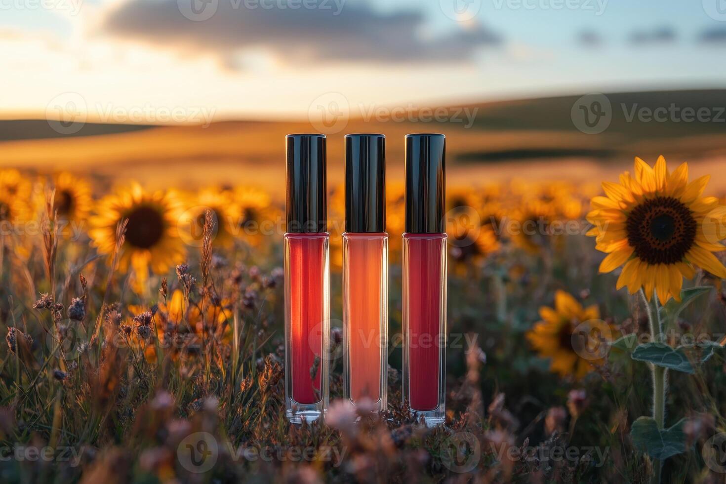 Shiny lip gloss tubes in coral shades, with a blurred field of sunflowers behind. Professional shot capturing the vibrant color and glossy finish of the lip gloss tubes. photo