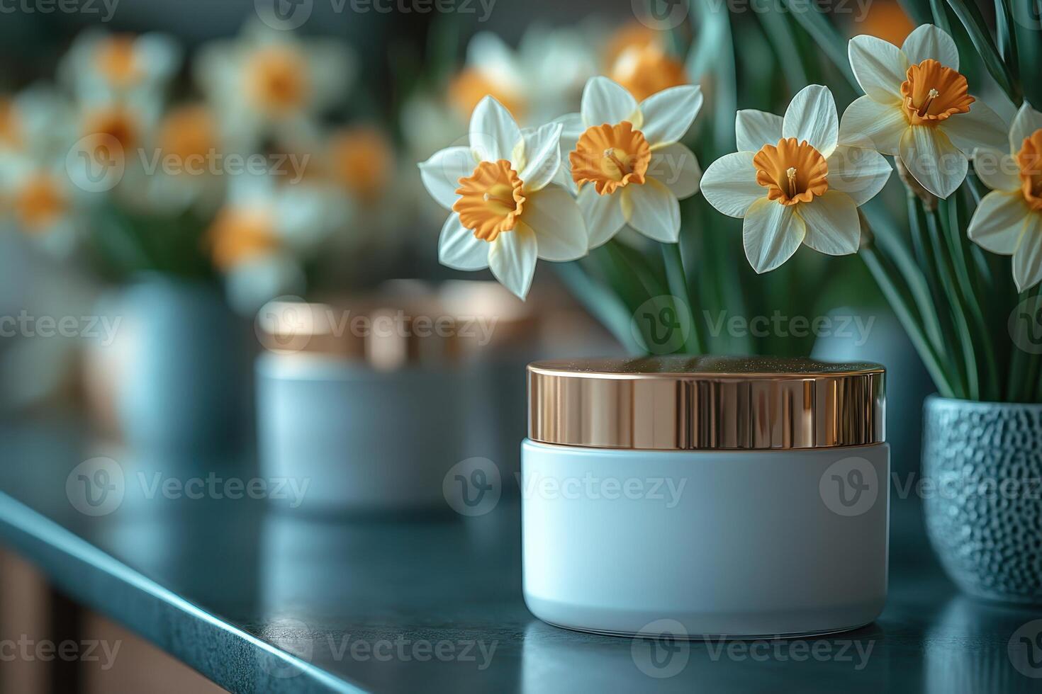 Luxurious face cream jars with gold accents, set against a background of blurred daffodils. Professional shot showcasing the opulent design and high-quality appeal of the jars. photo