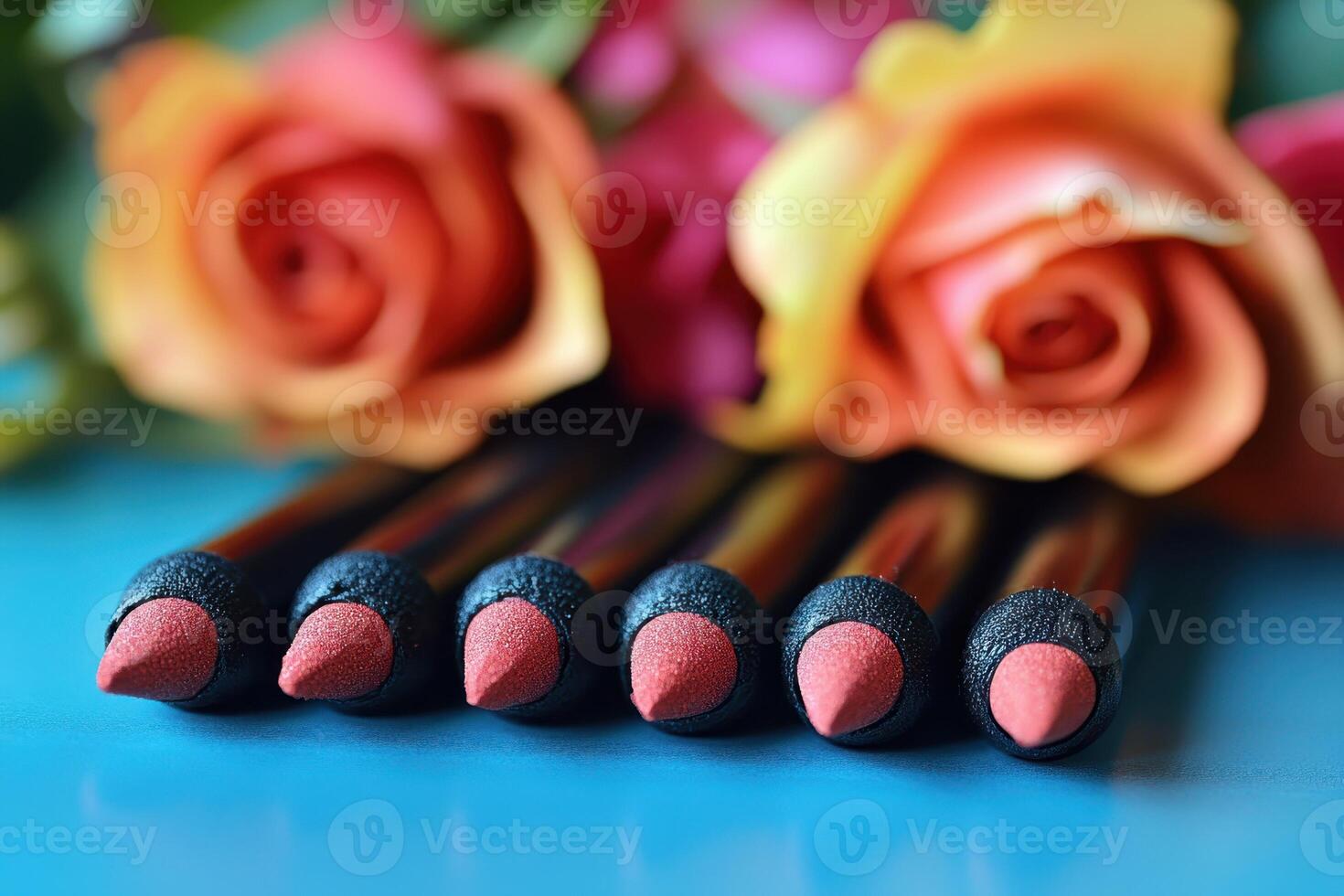 Sleek black eyeliner pencils, with a blurred bouquet of roses behind. Professional shot showcasing the elegance and sophistication of the eyeliner pencils. photo