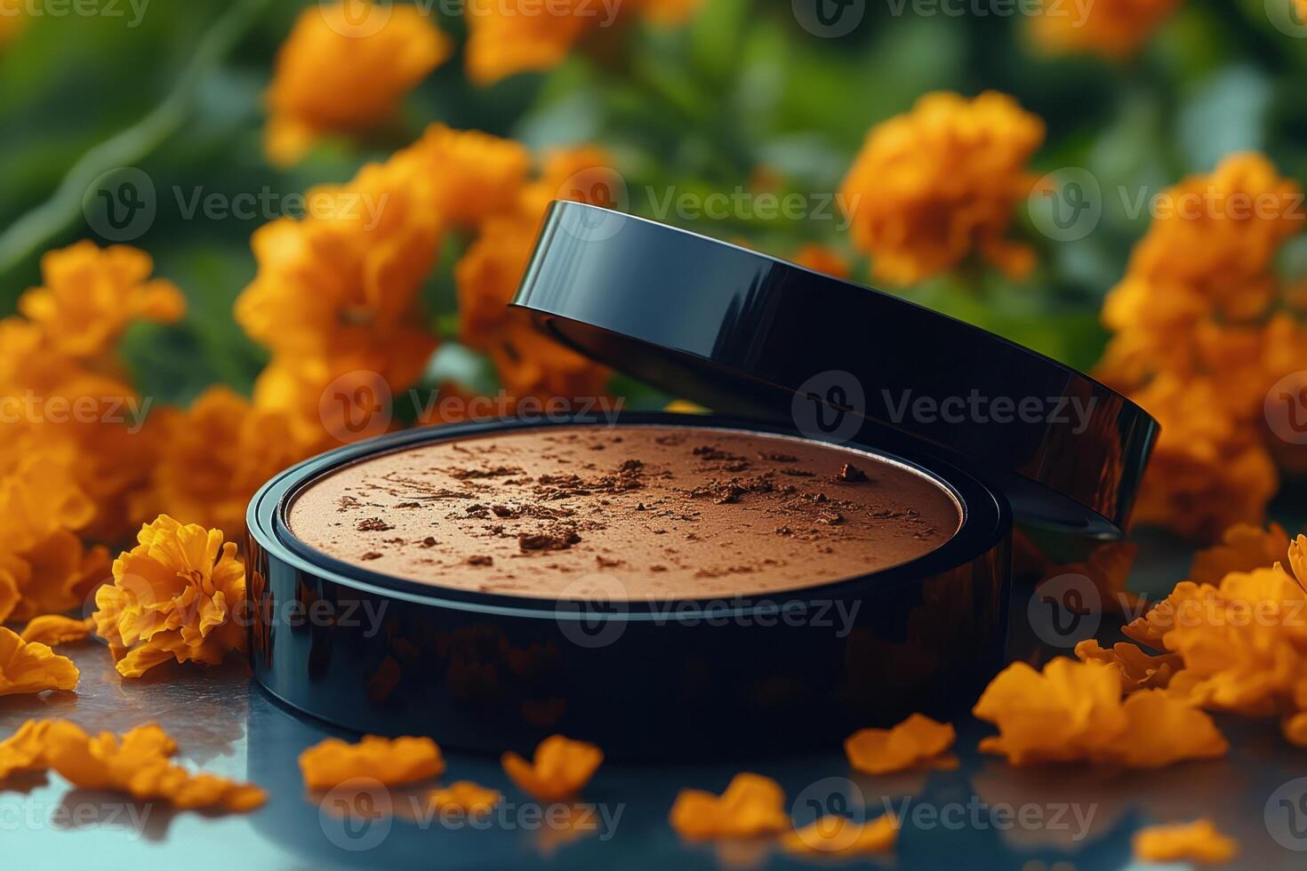 Elegant bronzer compacts with shimmering tones, placed against a blurred field of marigolds. Professional shot capturing the warm glow and refined design of the bronzers. photo