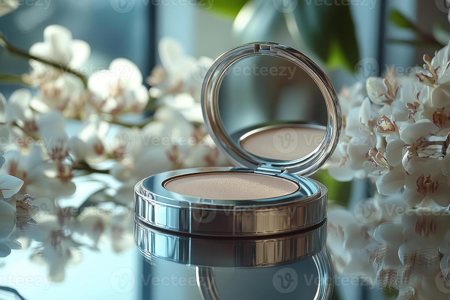 Compact powder cases with mirror finish, set against a backdrop of softly blurred orchids. Professional shot highlighting the sleek design and reflective quality of the powder cases. photo