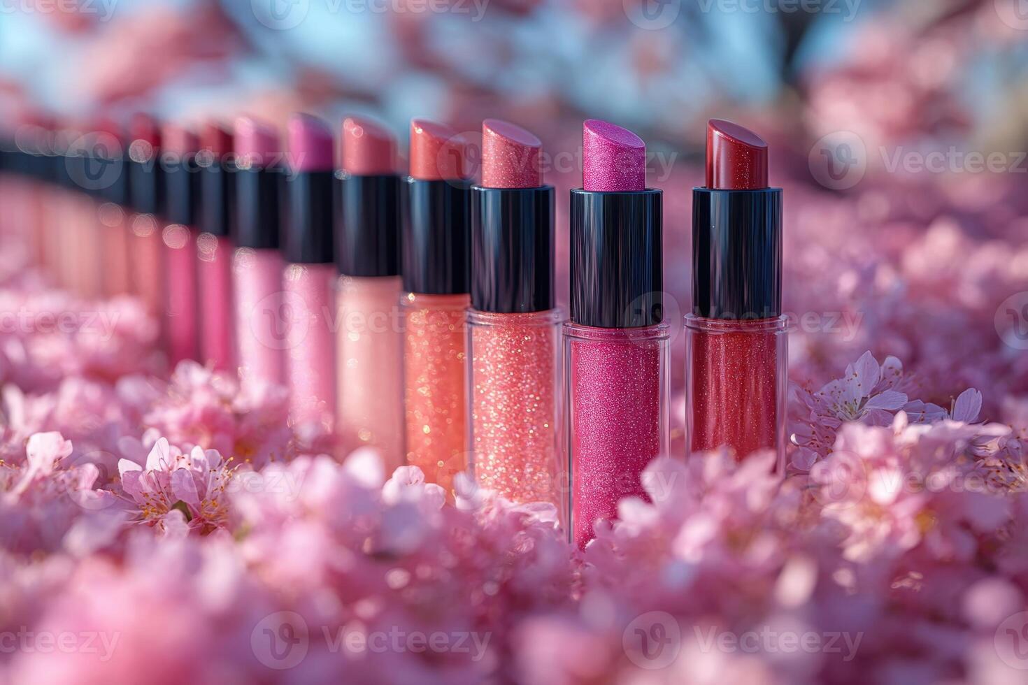 Richly pigmented lip gloss tubes, with a blurred background of blooming cherry blossoms. Professional shot emphasizing the vibrant colors and luxurious finish of the gloss. photo