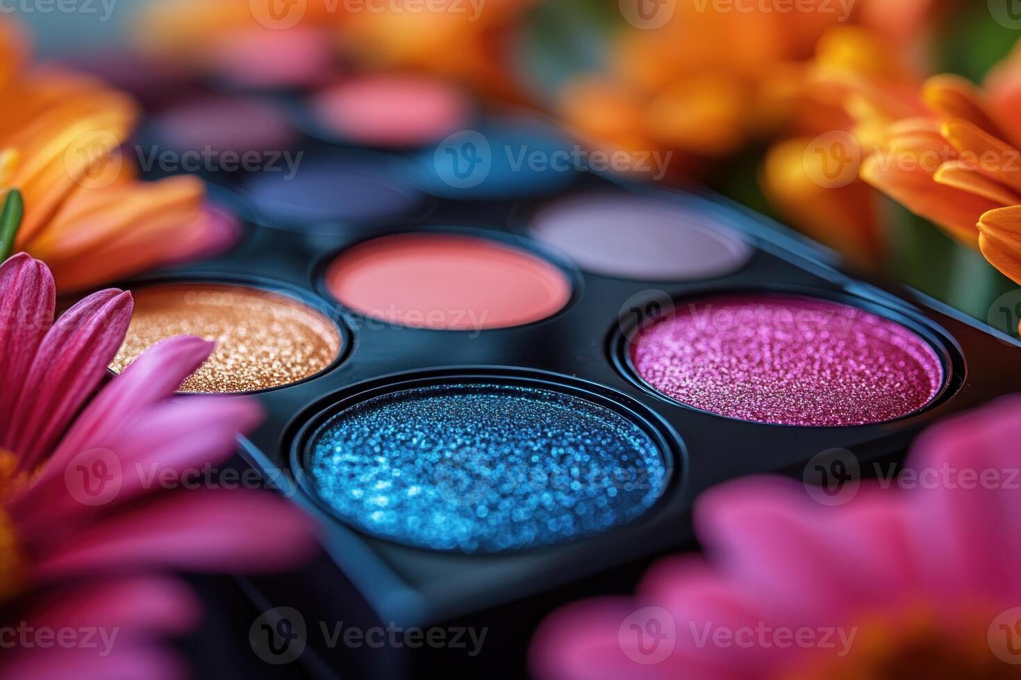 Shimmering eyeshadow palettes in jewel tones, placed in front of blurred marigolds. Professional shot capturing the rich and vibrant colors of the eyeshadow palettes. photo