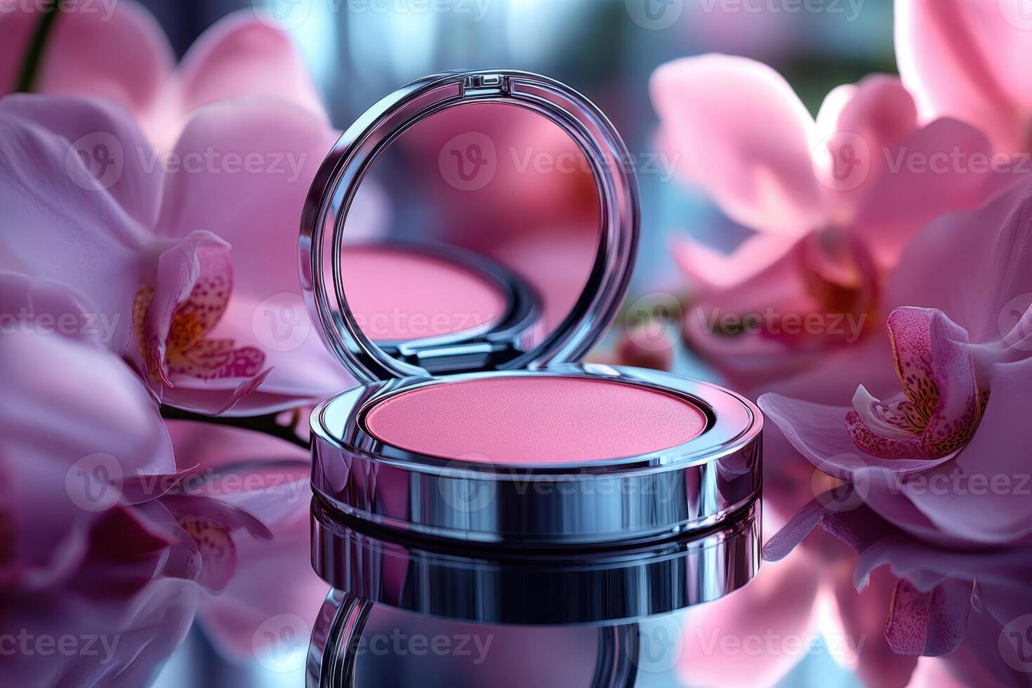 Compact powder cases with mirror finish, set against a backdrop of softly blurred orchids. Professional shot highlighting the sleek design and reflective quality of the powder cases. photo