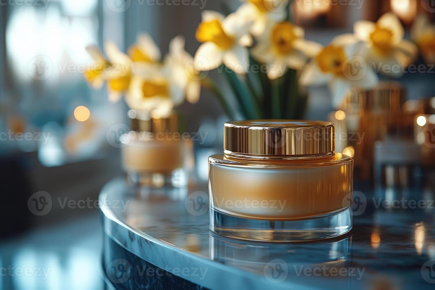 Luxurious face cream jars with gold accents, set against a background of blurred daffodils. Professional shot showcasing the opulent design and high-quality appeal of the jars. photo