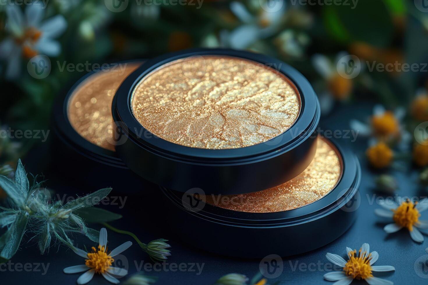 Radiant highlighter compacts with golden shimmer, set against a blurred backdrop of wildflowers. Professional shot showcasing the glow and elegance of the highlighter. photo