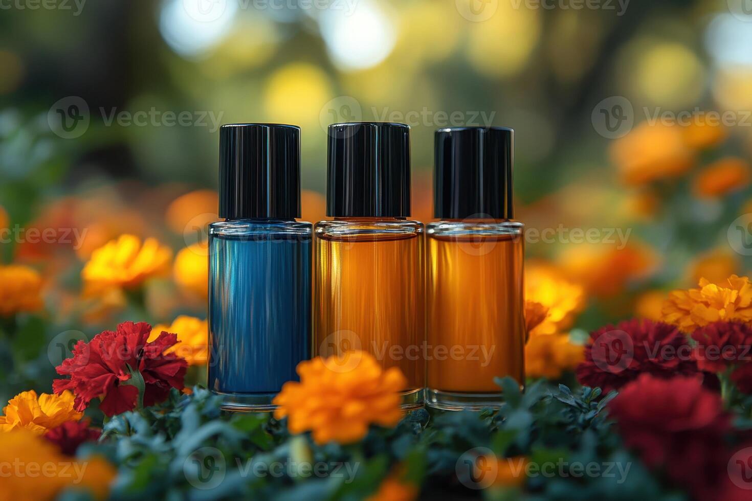 Elegant nail polish bottles in bold colors, with a blurred garden of marigolds behind. Professional shot highlighting the vibrant and striking shades of the nail polish. photo