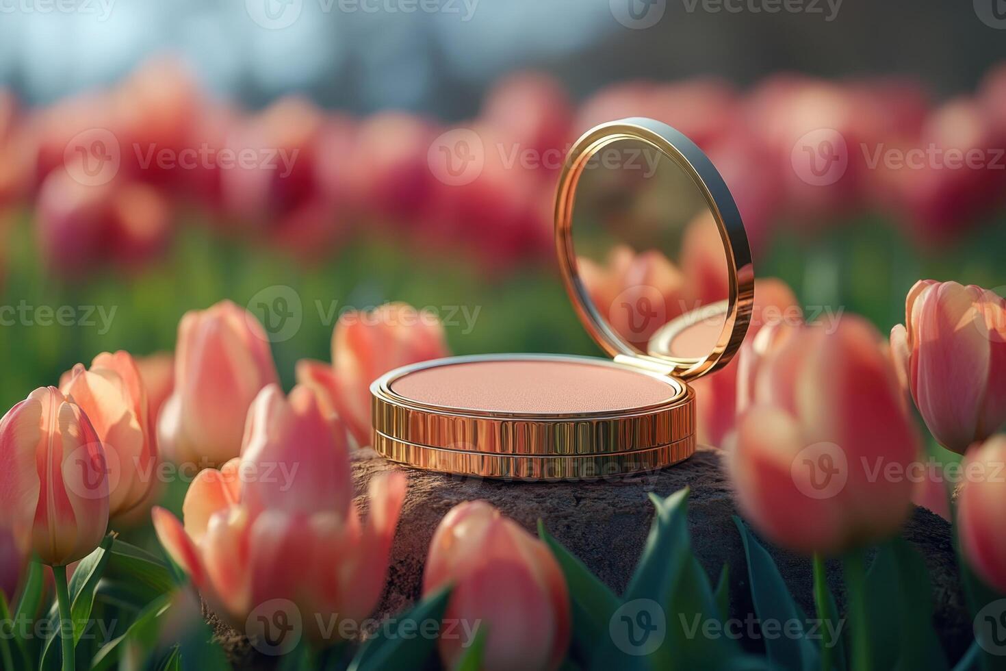 Elegant compact powder cases in gold, set against a blurred field of tulips. Professional shot showcasing the luxurious finish and refined design of the compact powder cases. photo