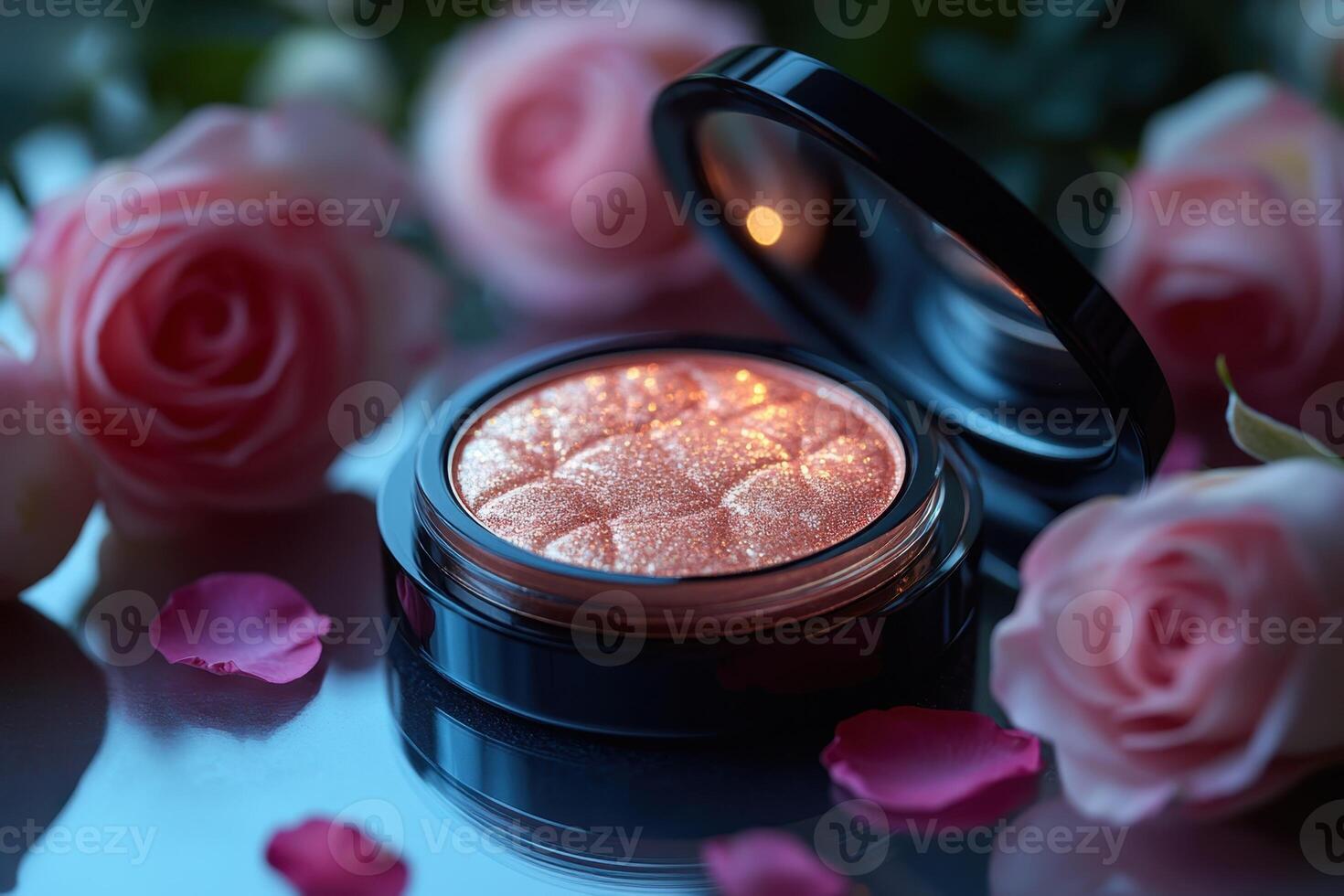 Radiant highlighter compacts in golden hues, with a blurred backdrop of roses. Professional shot showcasing the shimmering effect and luxurious appeal of the highlighters. photo