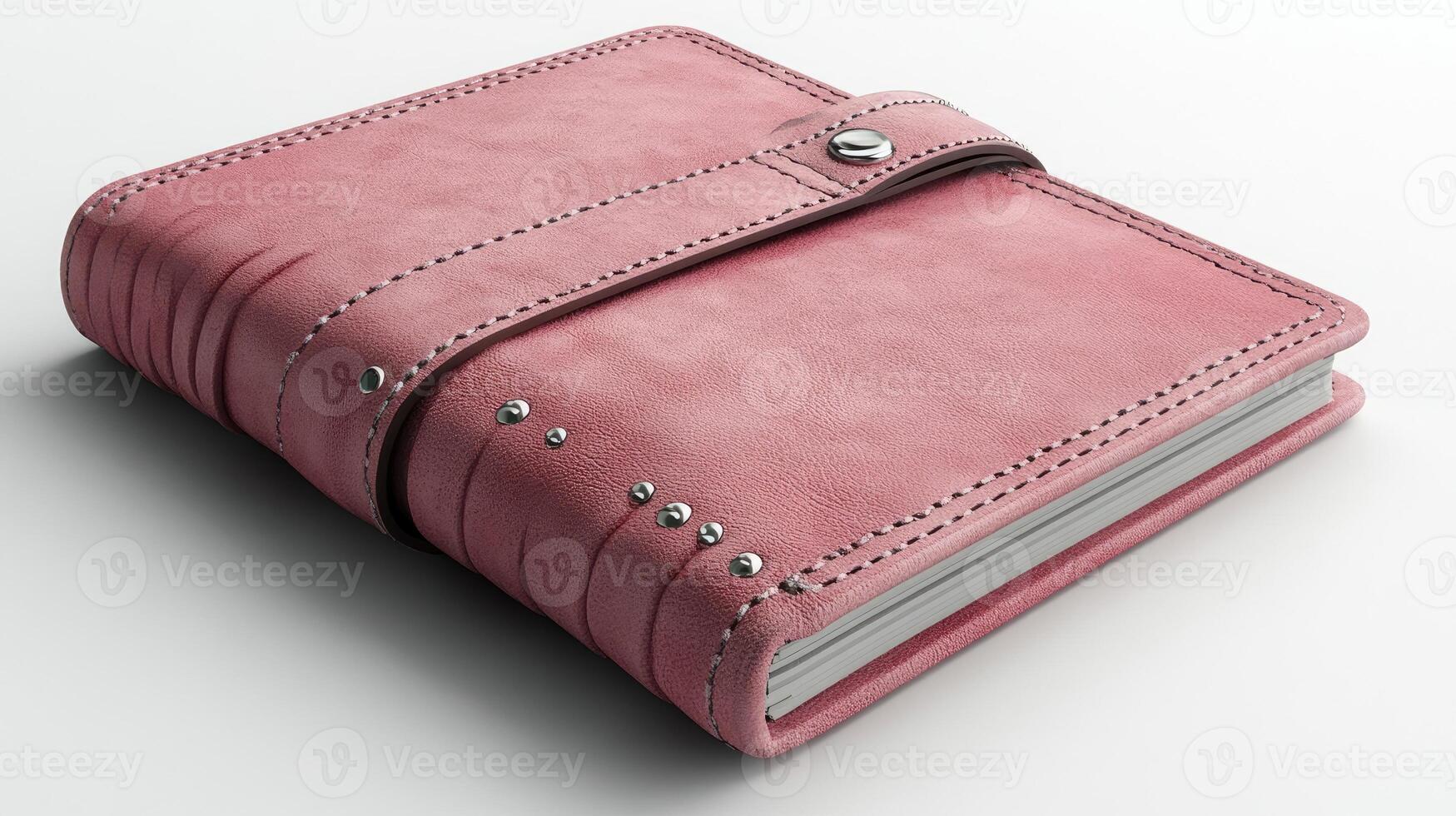 Pink leather notebook closed with a strap on white background photo