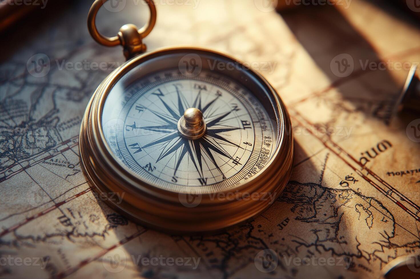 Antique compass resting on ancient map showing the americas photo