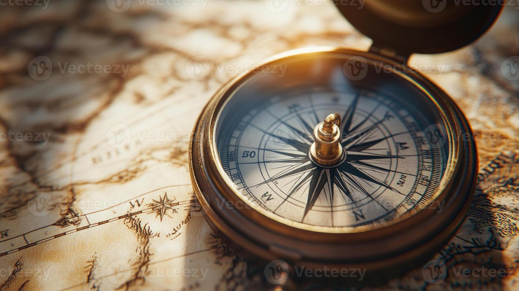 Antique compass resting on ancient map showing the americas photo