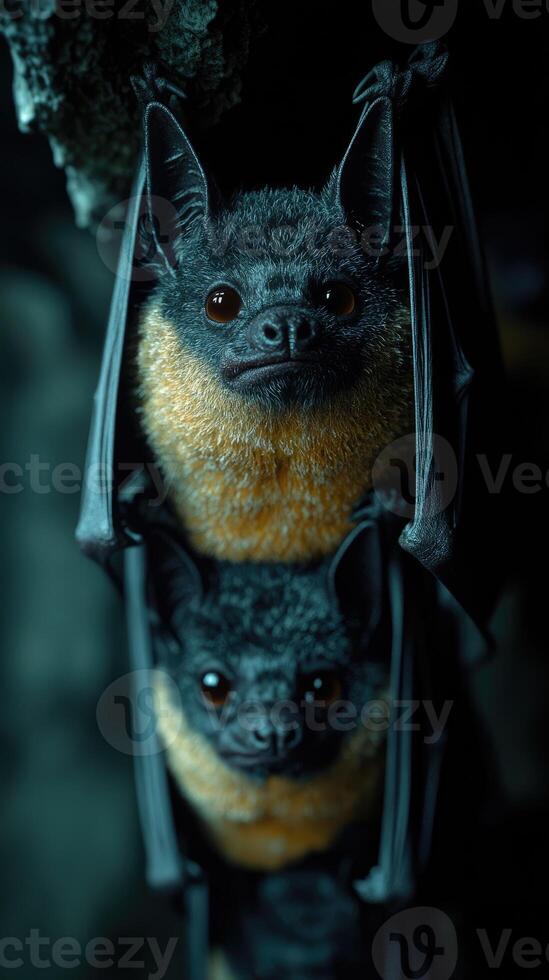 Bat hanging upside down in cave photo