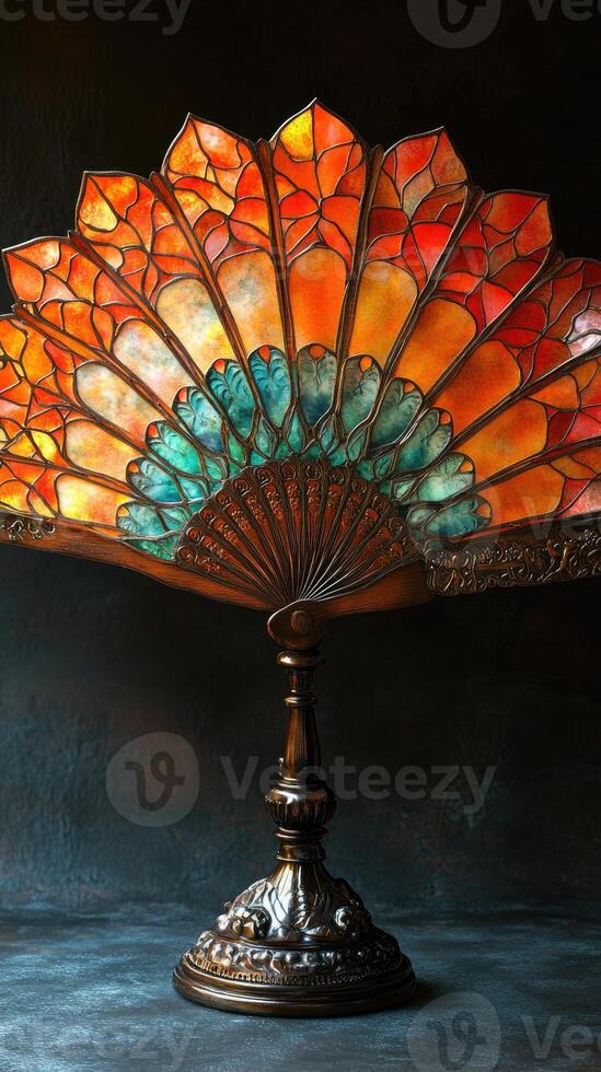 Traditional chinese fan illuminating warm tropical plants background photo