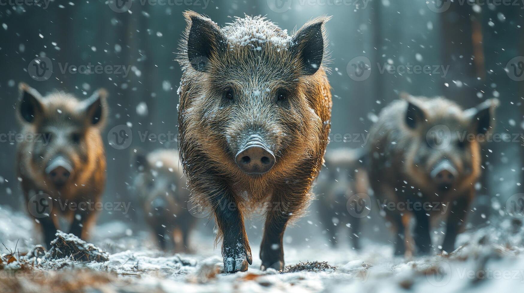 Wild boars walking through snowy forest in winter photo