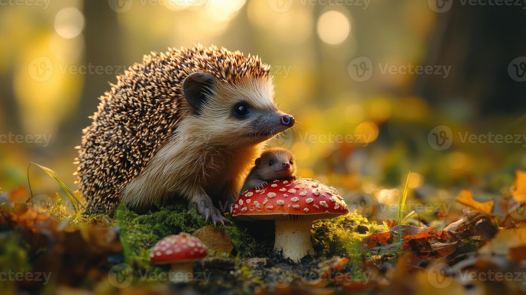 Hedgehog family posing near fly agaric mushrooms in autumnal forest during sunset photo