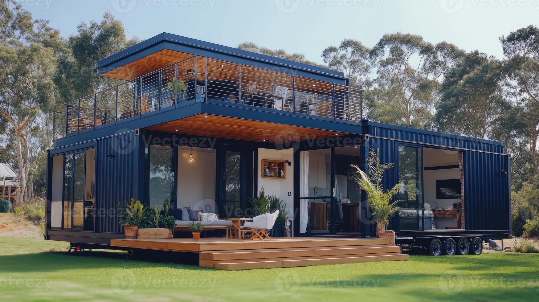 Modern tiny house made with recycled shipping containers at sunset with green lawn photo