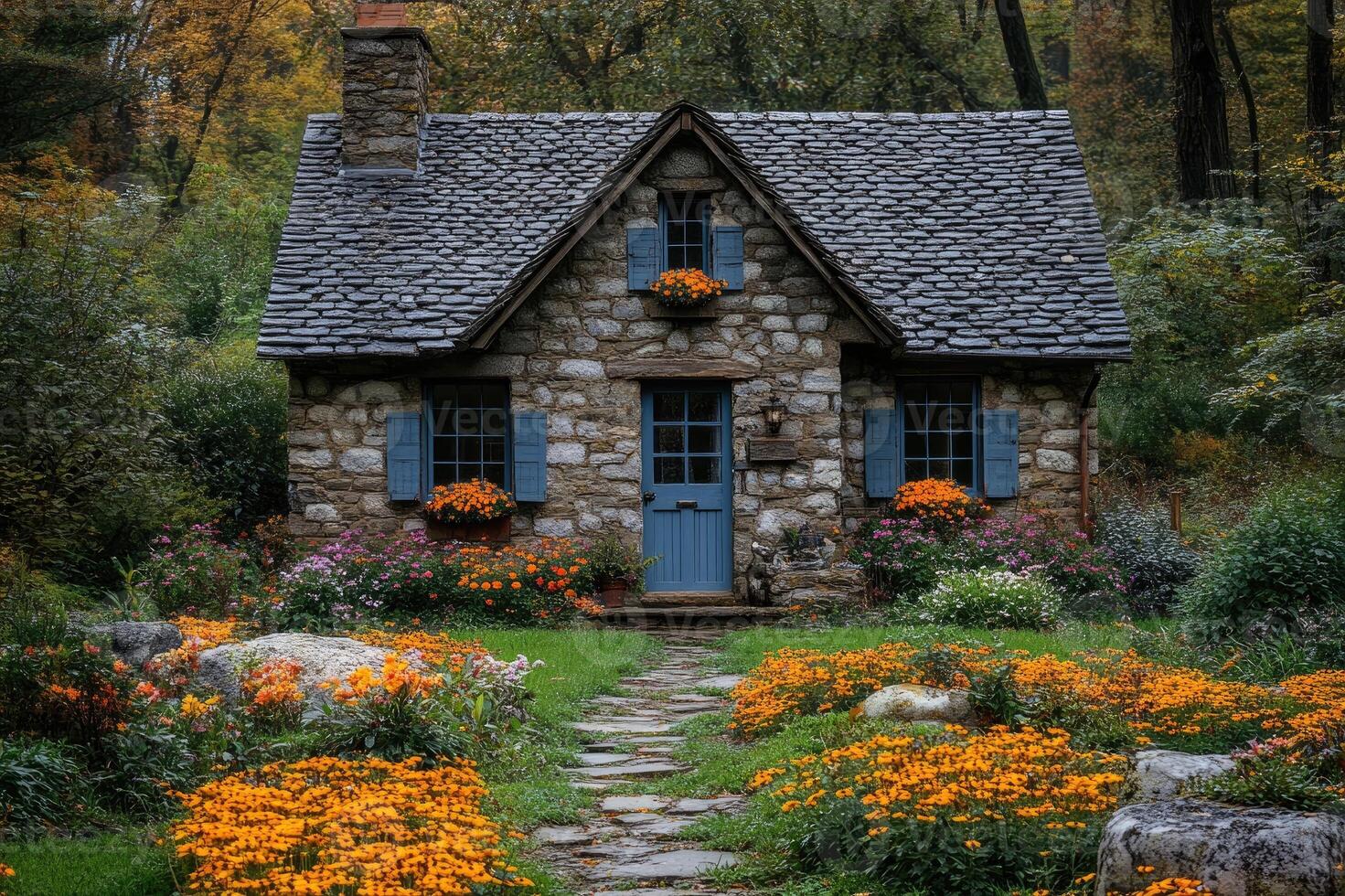 Picturesque stone cottage surrounded by a colorful garden in bloom photo