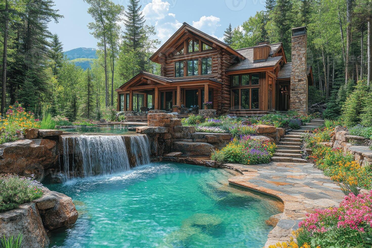 Luxurious log cabin with cascading waterfall pool and breathtaking mountain views photo