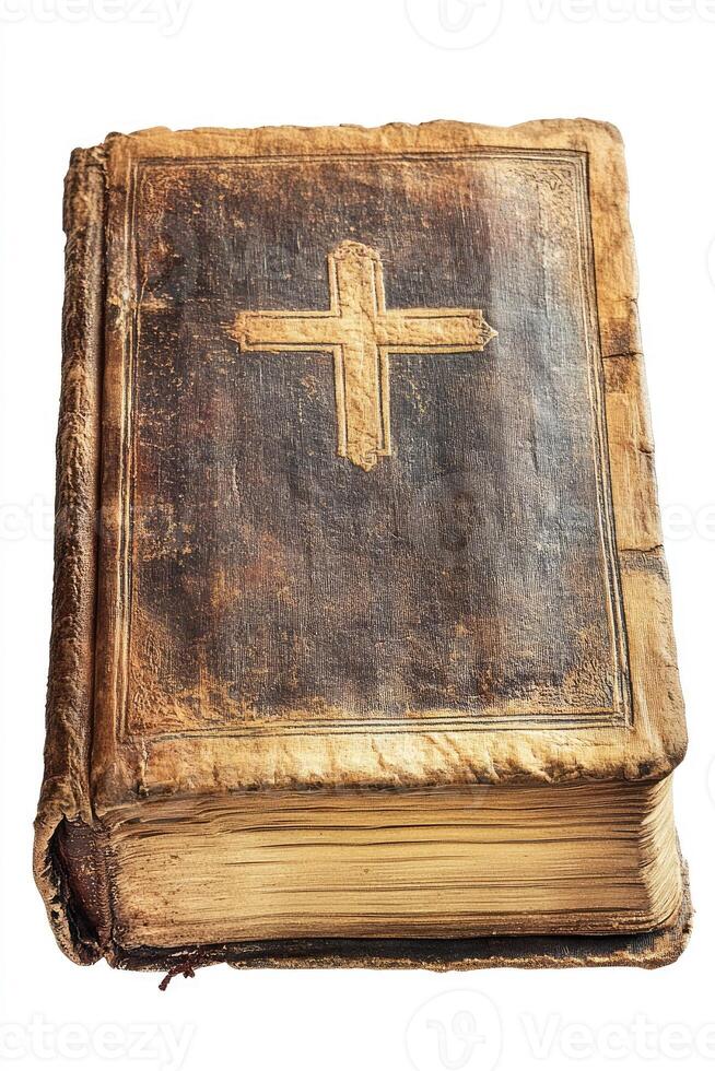 Old leather bound holy bible with cross embossed showing faith and religion photo