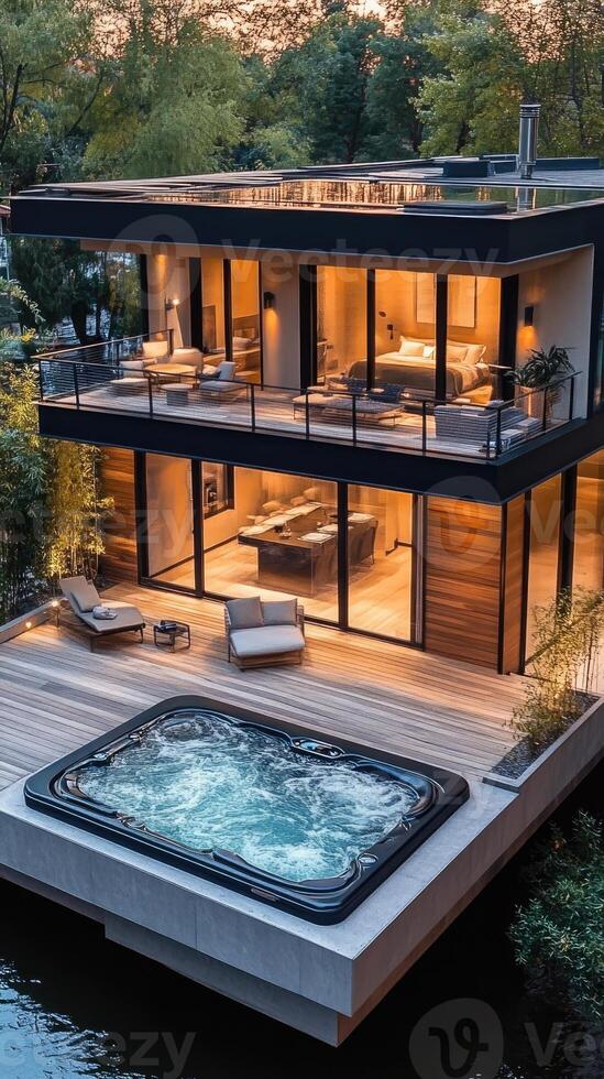 Modern round hot tub overlooking a green forest photo
