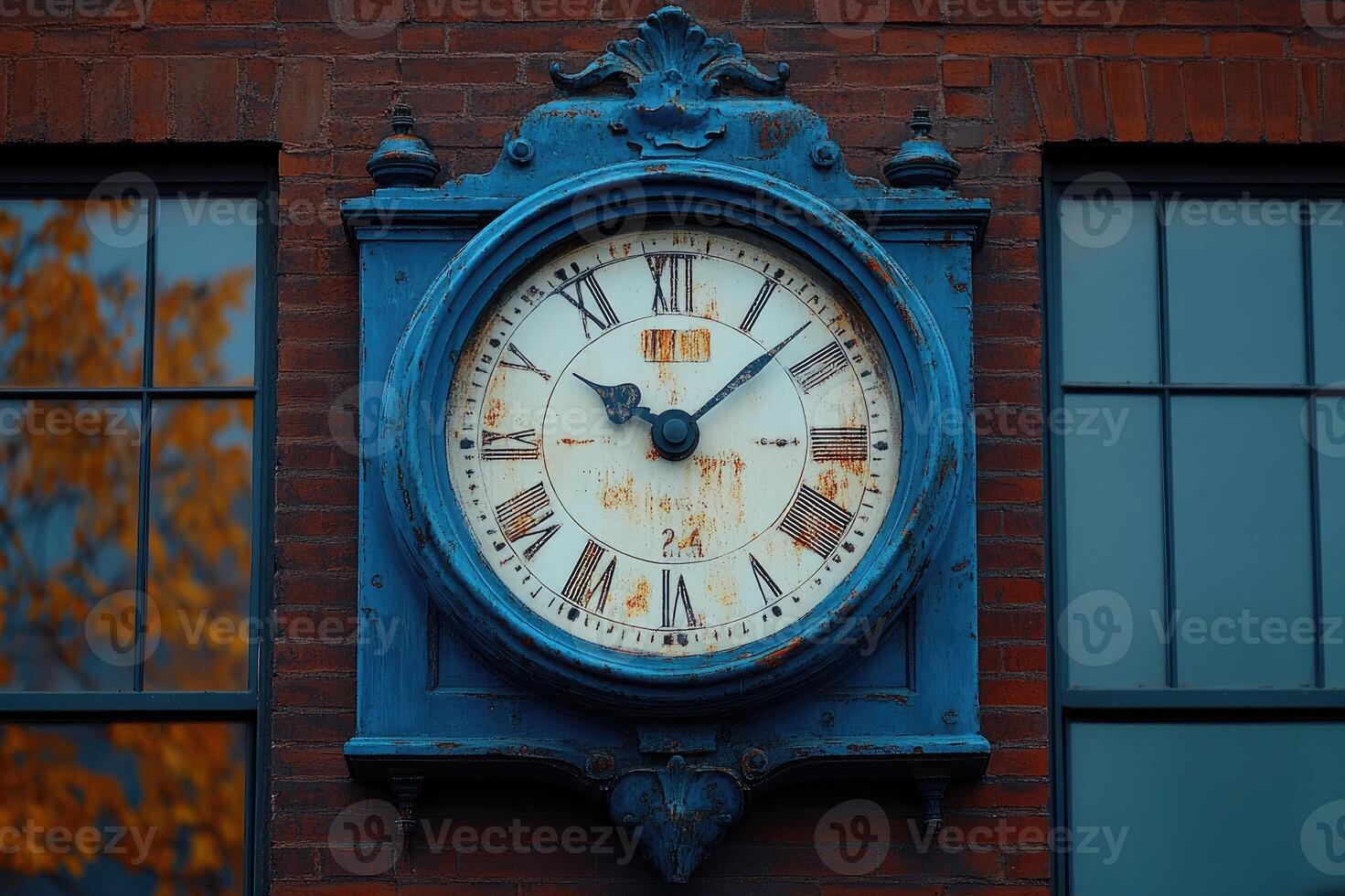 Old clock showing time passing on brick wall photo