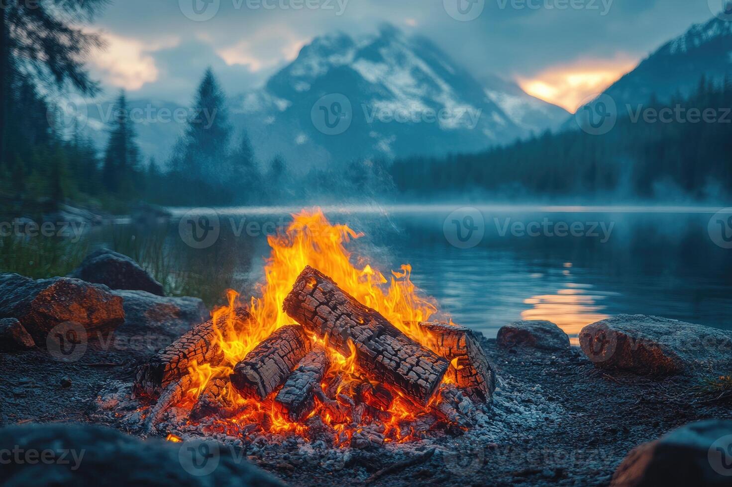 Bright bonfire burning in a fire pit at sunset in the woods photo