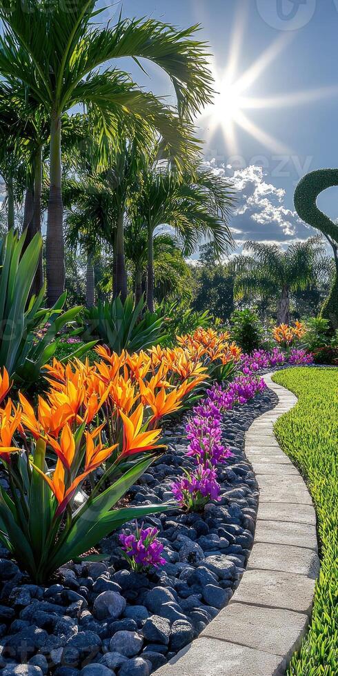 Beautiful tropical landscaping with orange flowers bordering a yellow florida house photo