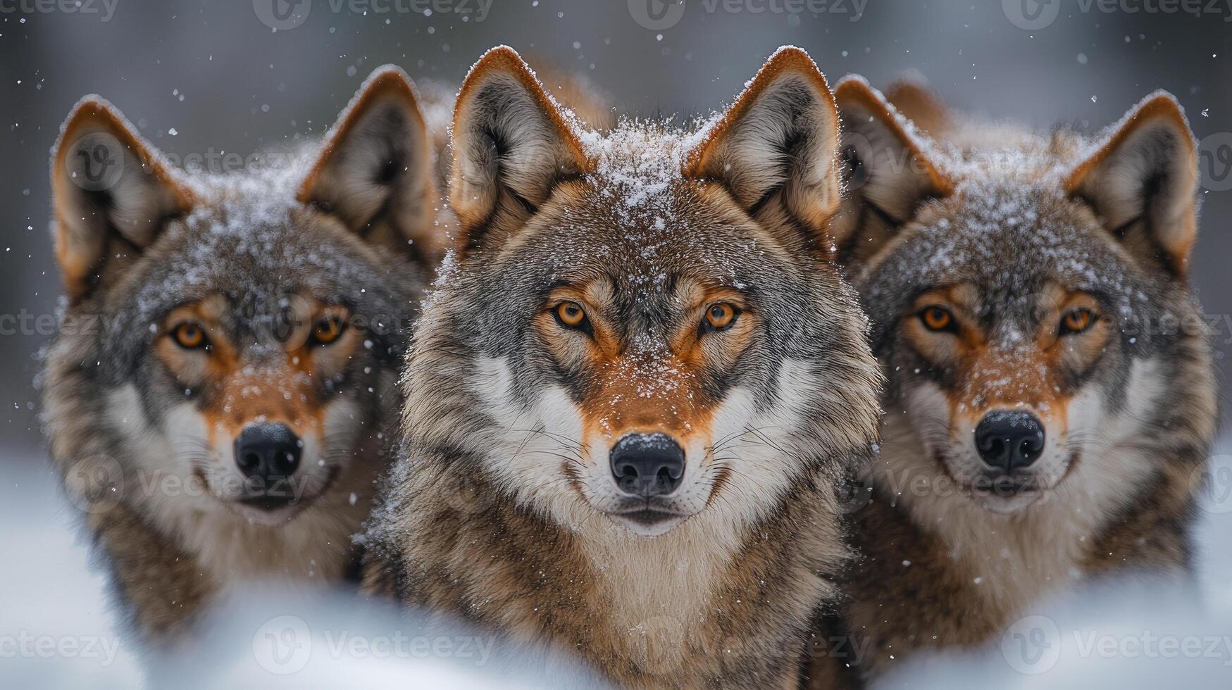 Alpha male gray wolf leading pack through snowy forest photo