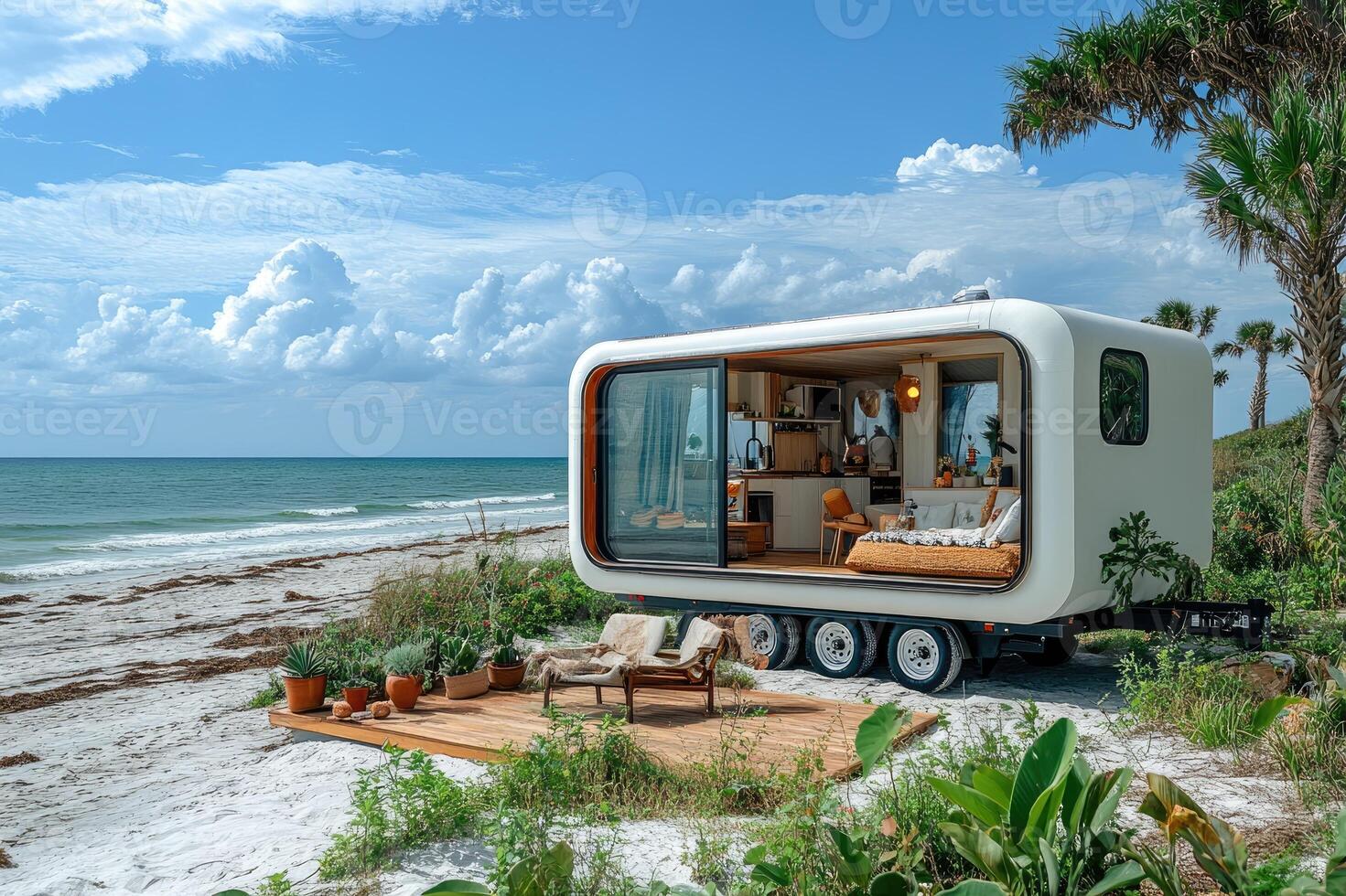 Modern tiny house on wheels parked by the sea offering tranquility and scenic views photo