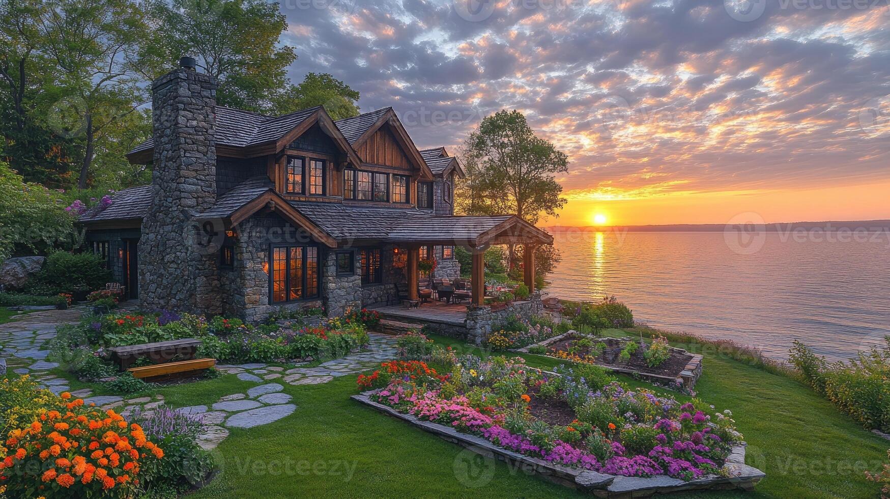 Stone cottage overlooking the water with lush gardens photo