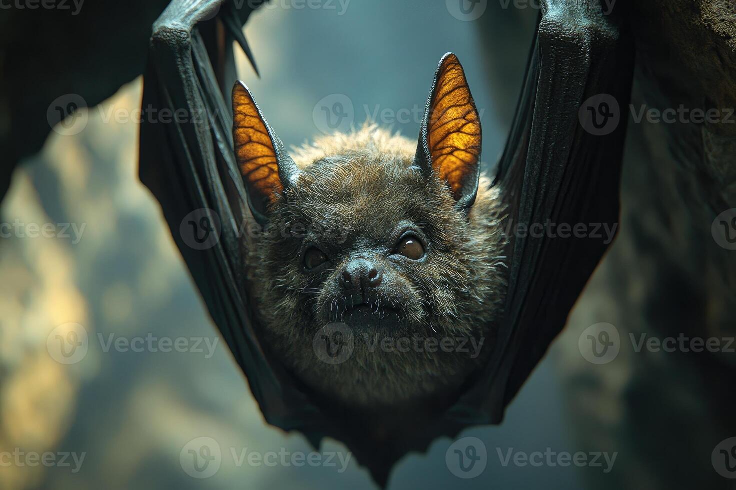 Bat hanging upside down in cave photo