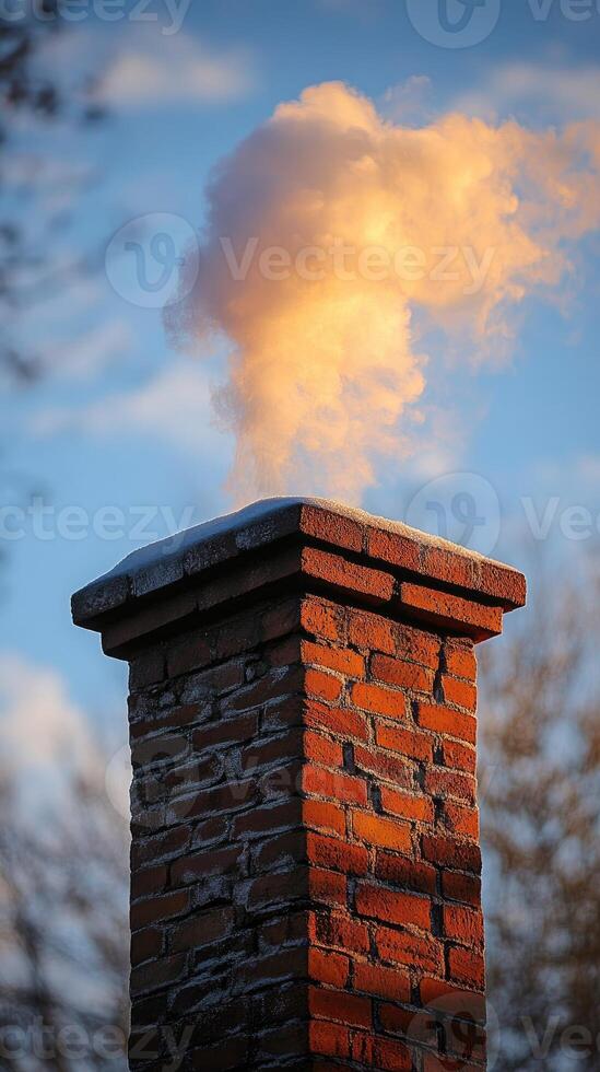 Brick chimney releasing smoke against blue sky photo