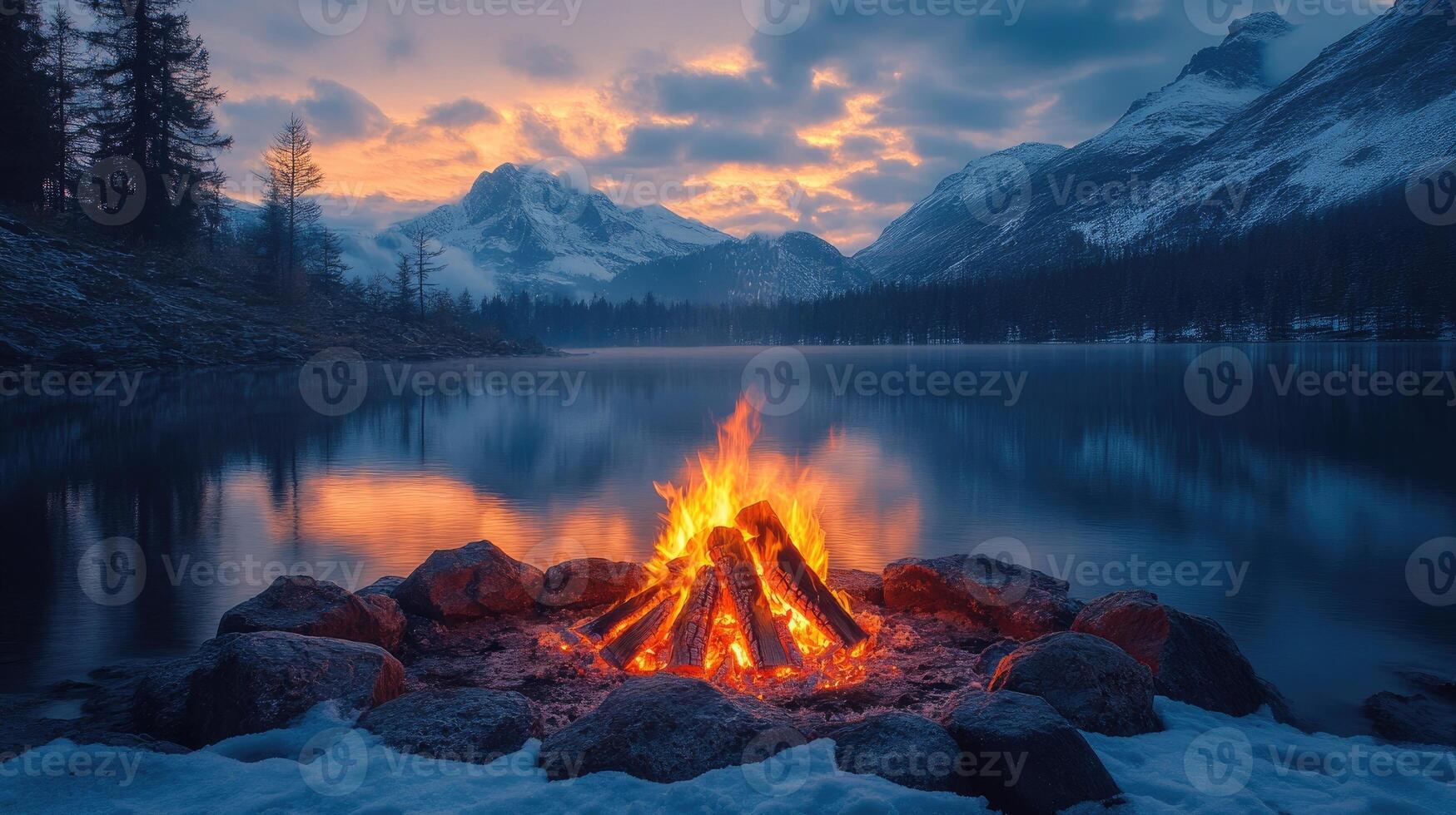 Bright bonfire burning in a fire pit at sunset in the woods photo