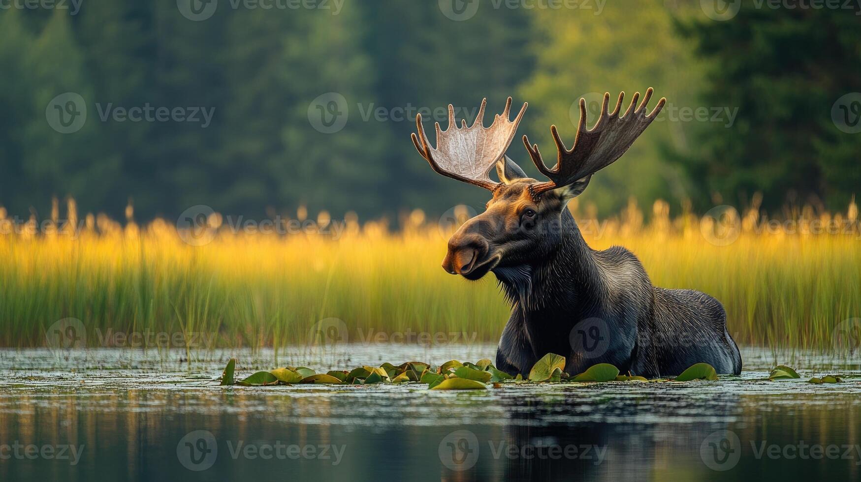 Large bull moose standing in water with lily pads photo