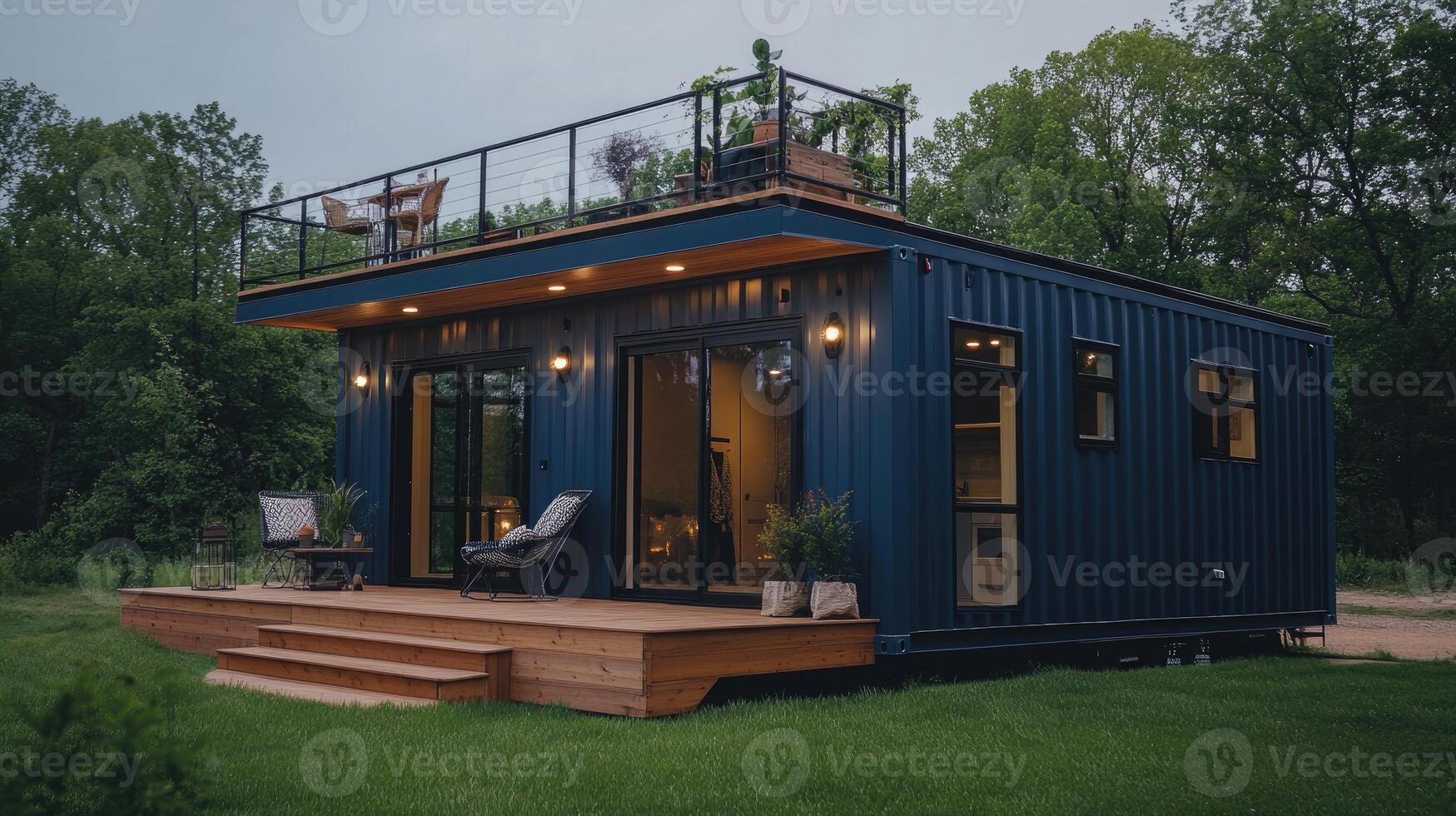 Modern tiny house made with recycled shipping containers at sunset with green lawn photo